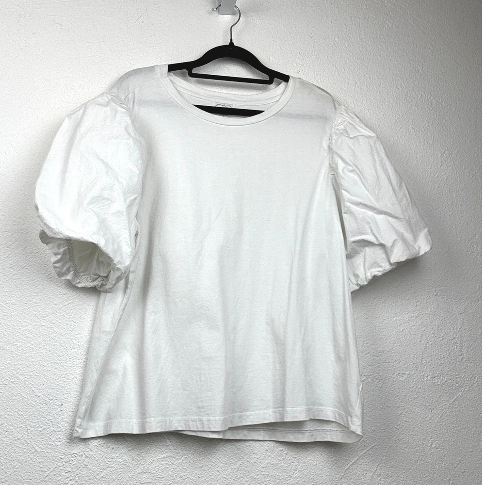 Mud Pie White Puff Sleeve Top - L - Cotton Crew Neck Boho Romantic Chic